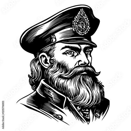 Historical portrait of a military officer in traditional uniform with a distinctive hat and strong facial features. Generative AI