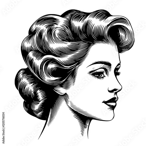 Elegant vintage woman with classic hairstyle in monochrome illustration. Generative AI