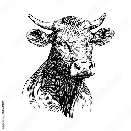 Cow illustration showcasing detailed features of the animal in a classic black and white style. Generative AI