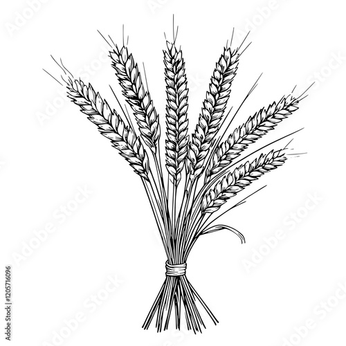 Bunch of wheat ears tied together displayed in a simple sketch style on a white background. Generative AI