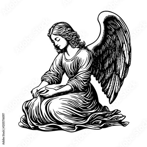 Angel in serene pose with outstretched wings, embodying tranquility and grace in a classic artistic style. Generative AI