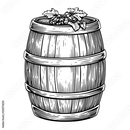 A rustic wooden barrel adorned with grapes, perfect for a vineyard or wine cellar setting in autumn. Generative AI