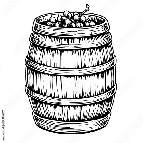Vintage wooden barrel filled with fresh grapes in a rustic setting for winemaking tradition. Generative AI