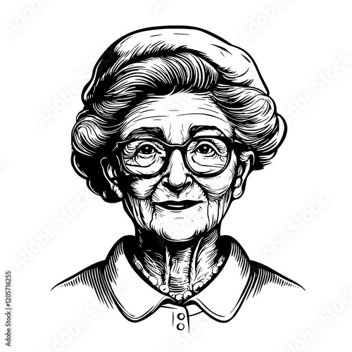 Elderly woman with glasses and curls wearing a beret, smiling warmly in a simple outfit. Generative AI