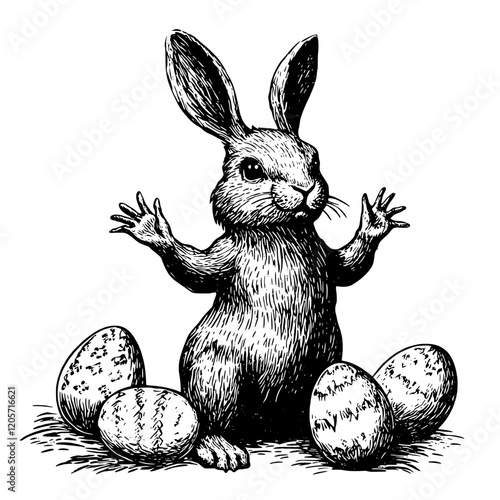 Rabbit happily presents decorated eggs in a cheerful springtime celebration in a garden setting. Generative AI