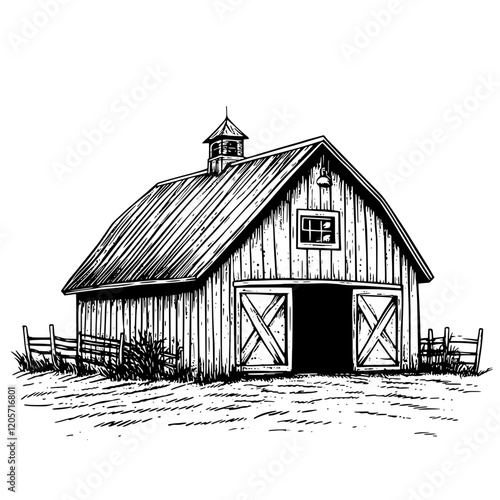 Vintage barn sketch showcasing a classic design with a rustic structure and surrounding grass, perfect for countryside themes. Generative AI