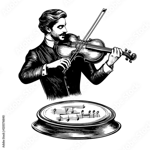 Violinist playing a classic piece while surrounded by musical notes and a vintage record player. Generative AI