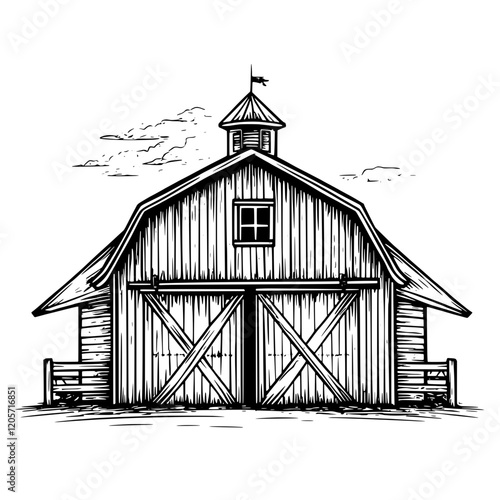 Charming wooden barn with a traditional design in a rural setting under a clear sky. Generative AI