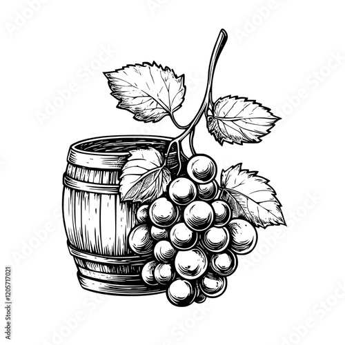 Grapes hanging from a vine beside a wooden barrel in an artisan winery setting during harvest season. Generative AI