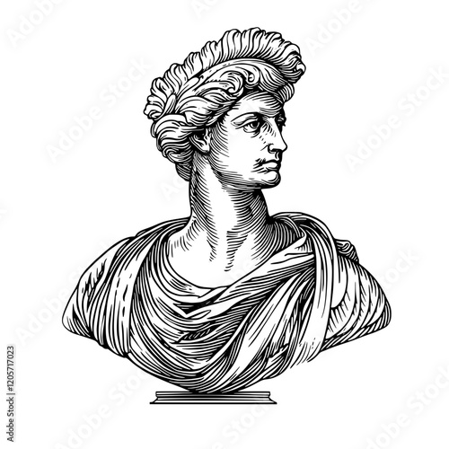 Classic marble bust sculpture of a male figure in traditional drapery and a laurel wreath. Generative AI