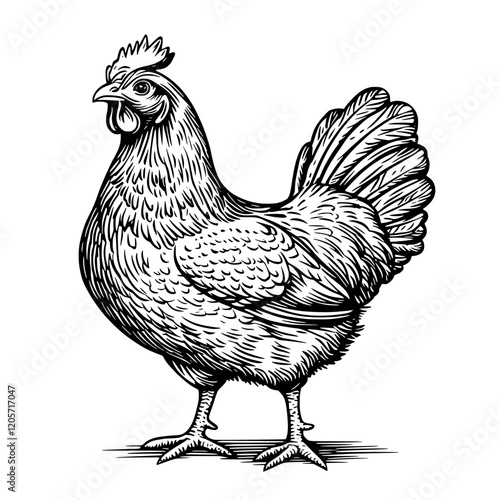 Detailed illustration of a majestic hen standing gracefully on a farm during the early morning sunlight. Generative AI