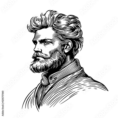 Classic portrait of a man with a beard and wavy hair, showcasing intricate details of facial features and attire. Generative AI
