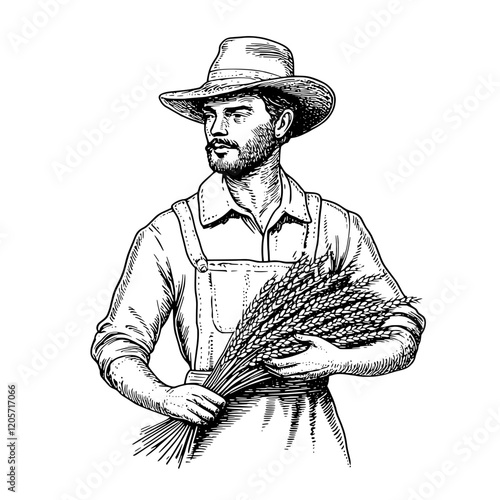 Farmer holding harvested wheat in a field at sunset while wearing traditional work attire and a wide-brimmed hat. Generative AI
