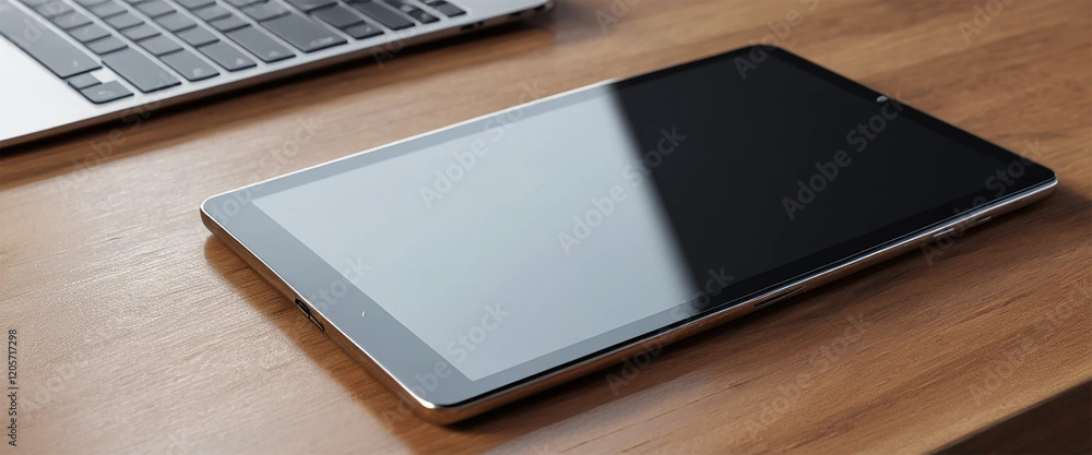 tablet with laptop on wood table