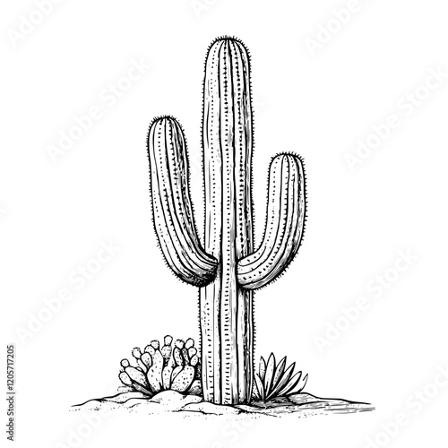 Unique saguaro cactus standing tall in a desert landscape under the bright sunshine on a clear day. Generative AI