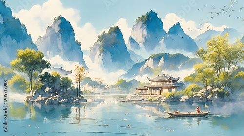 Traditional Chinese landscape watercolor painting, featuring ancient architecture, mountains, and a serene lake, evoking tranquility