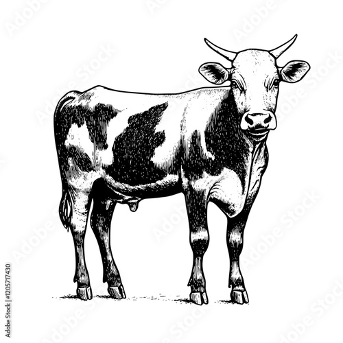 Black and white drawing of a standing cow in a rural setting with clear details. Generative AI