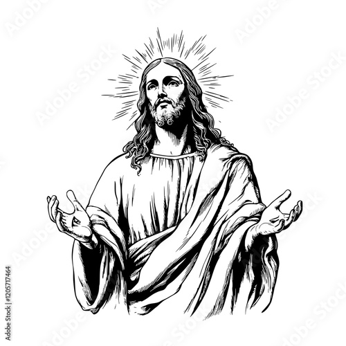 Depiction of a figure with outstretched arms and a halo expressing compassion and peace in a stylized artwork. Generative AI