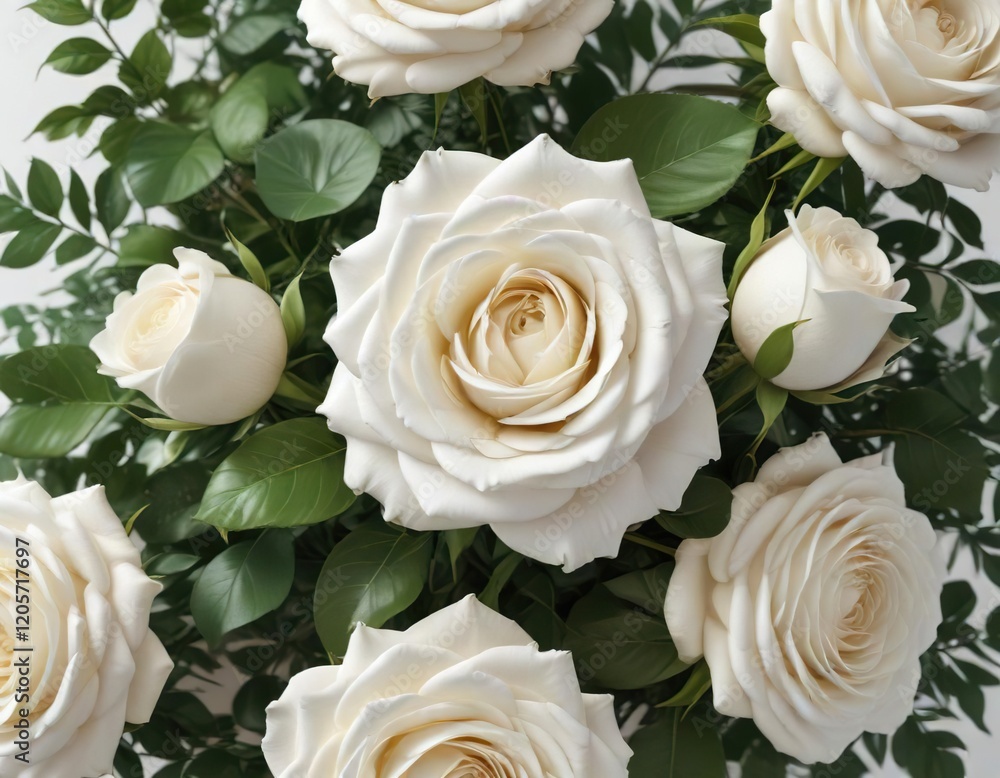 Obraz premium White rose flower arrangement with leafy border, pure, bridal