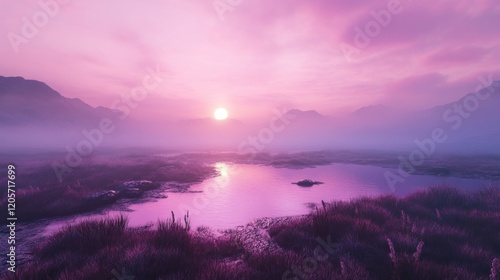 Serene landscape with pink skies, fog, mountains, water and tall grass at sunset photo