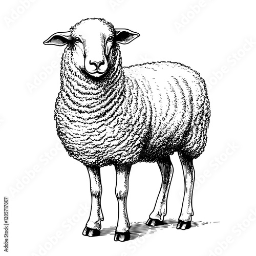 Sheep stands proudly in a pastoral setting during a sunny day, showcasing its woolly coat and serene demeanor. Generative AI