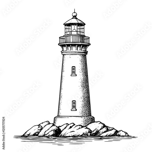 Sketched lighthouse standing tall on rocks near the coastline under a clear sky at dusk. Generative AI