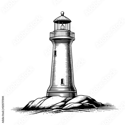 Historic lighthouse standing tall on rocky coast, guiding ships through turbulent waters at sunset in a serene coastal setting. Generative AI