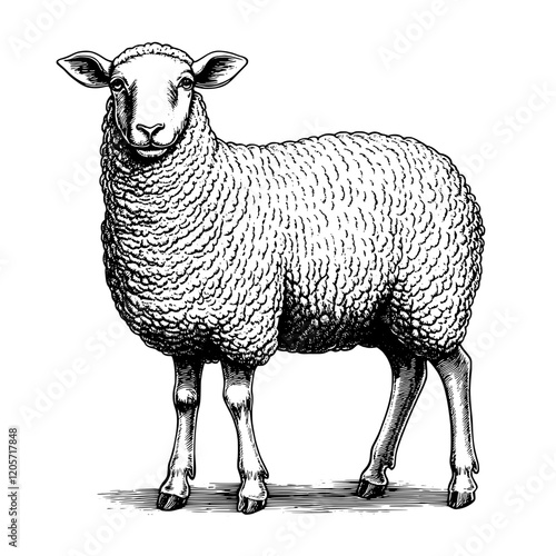 Detailed illustration of a sheep with fluffy wool in a simple, artistic style. Generative AI