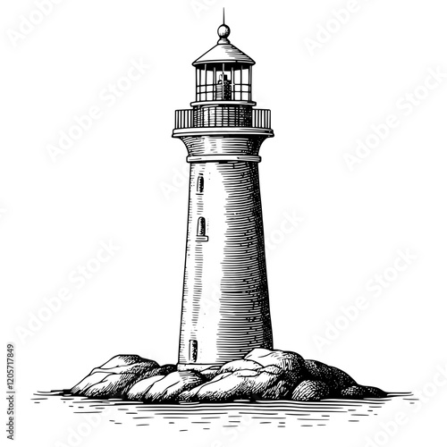 Lighthouse stands tall on rocky shore, guiding boats safely at dusk with its bright beam of light across the water. Generative AI