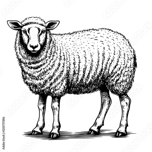 Detailed illustration of a sheep with textured wool standing on a plain background, showcasing its natural features and body structure. Generative AI
