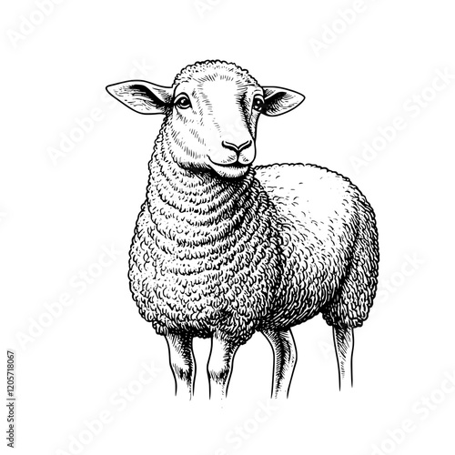 Detailed illustration of a sheep standing gracefully in a pastoral setting during daylight hours. Generative AI