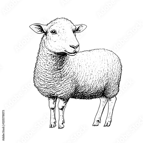 Sheep standing on grass with detailed wool in a farm setting during daylight hours. Generative AI