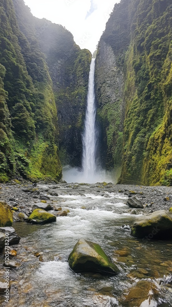 Majestic waterfall cascading into a serene river surrounded by lush greenery. Majestic waterfall cascading into a serene river surrounded by lush greenery.