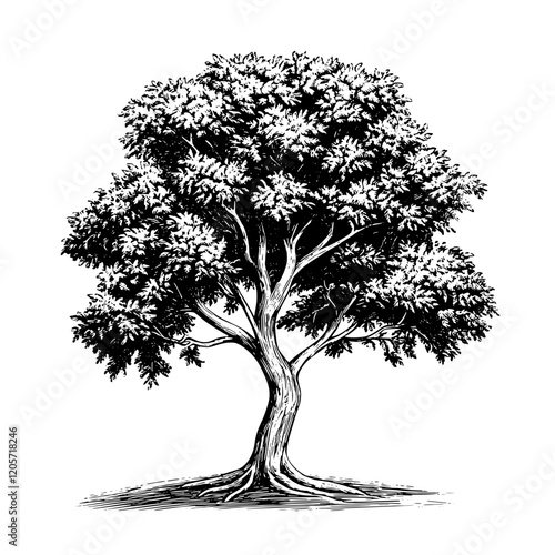 Detailed illustration of a majestic tree with lush foliage showcasing intricate branches and leaves in a bold black and white design. Generative AI