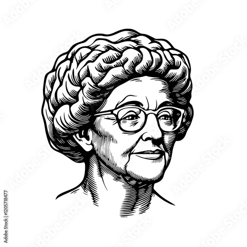 Artistic illustration of an elderly woman with glasses and a unique hairstyle in a classic black and white style. Generative AI