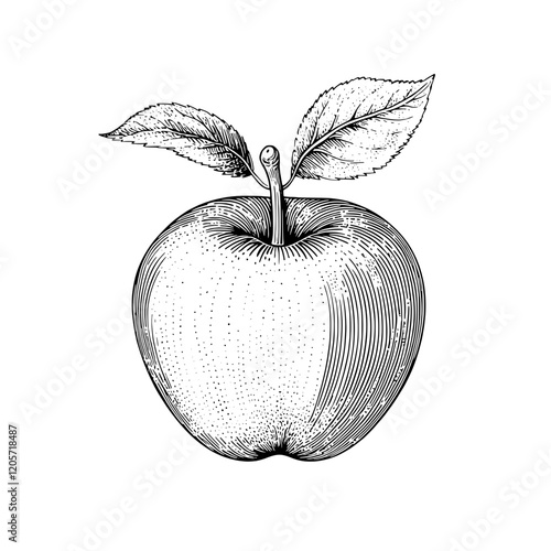 Detailed illustration of a fresh apple with a stem and leaves on a white background showcasing its texture and characteristics. Generative AI