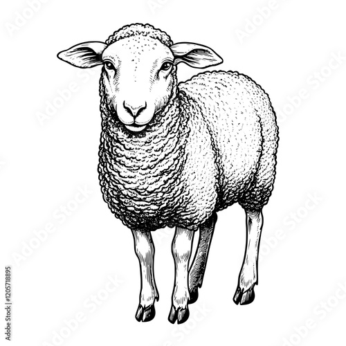 Detailed illustration of a sheep standing in a pastoral setting with a texture-rich wool coat and expressive eyes. Generative AI