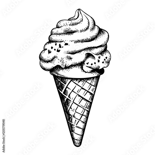 Delicious ice cream cone with swirls and sprinkles captured in a vintage style illustration. Generative AI