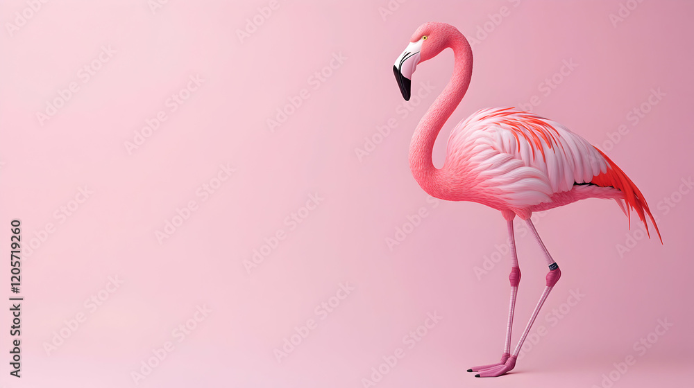 Fototapeta premium Elegant Pink Flamingo Standing Gracefully Against Soft Pink Background
