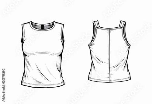 Crop Top Technical Drawing Fashion Flat Sketch Women CAD Sleeveless Strappy Backless Template Round Neck Crew Neck Mockup
