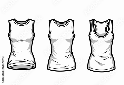 Sleeveless Strappy Crop Top Technical Drawing Fashion Flat Sketch Women CAD Mockup Round Neck Crew Neck Backless Template
