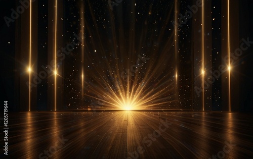 Elegant golden stage vertical glowing with lighting effect sparkle on black background. Template premium award design.