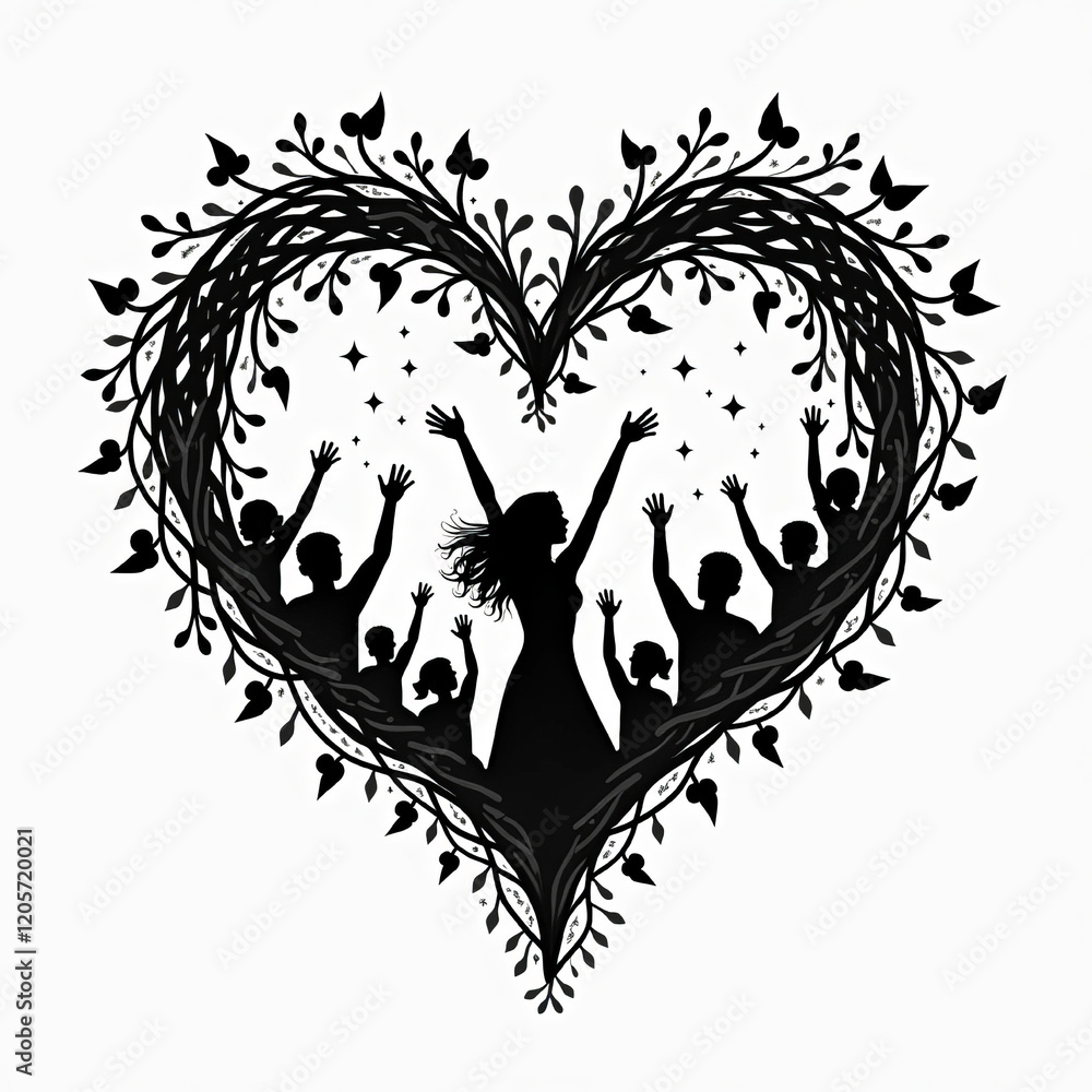 Obraz premium Silhouettes of Celebration: Embracing Love and Unity Beneath a Heart-Shaped Tree at Sunset