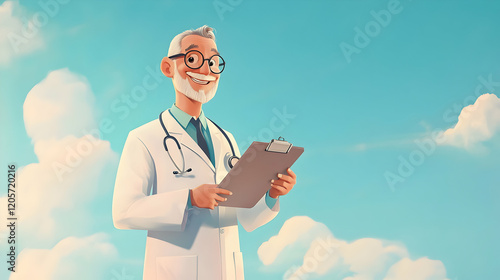 Cheerful Doctor with Clipboard Against Clear Blue Sky Background