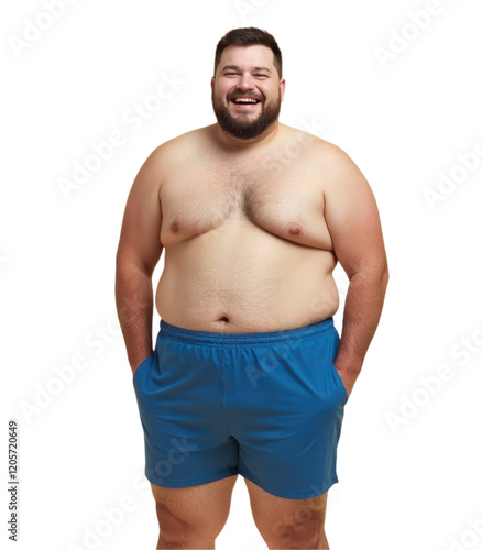 Fat man with a beard wearing blue shorts is smiling on transparent background