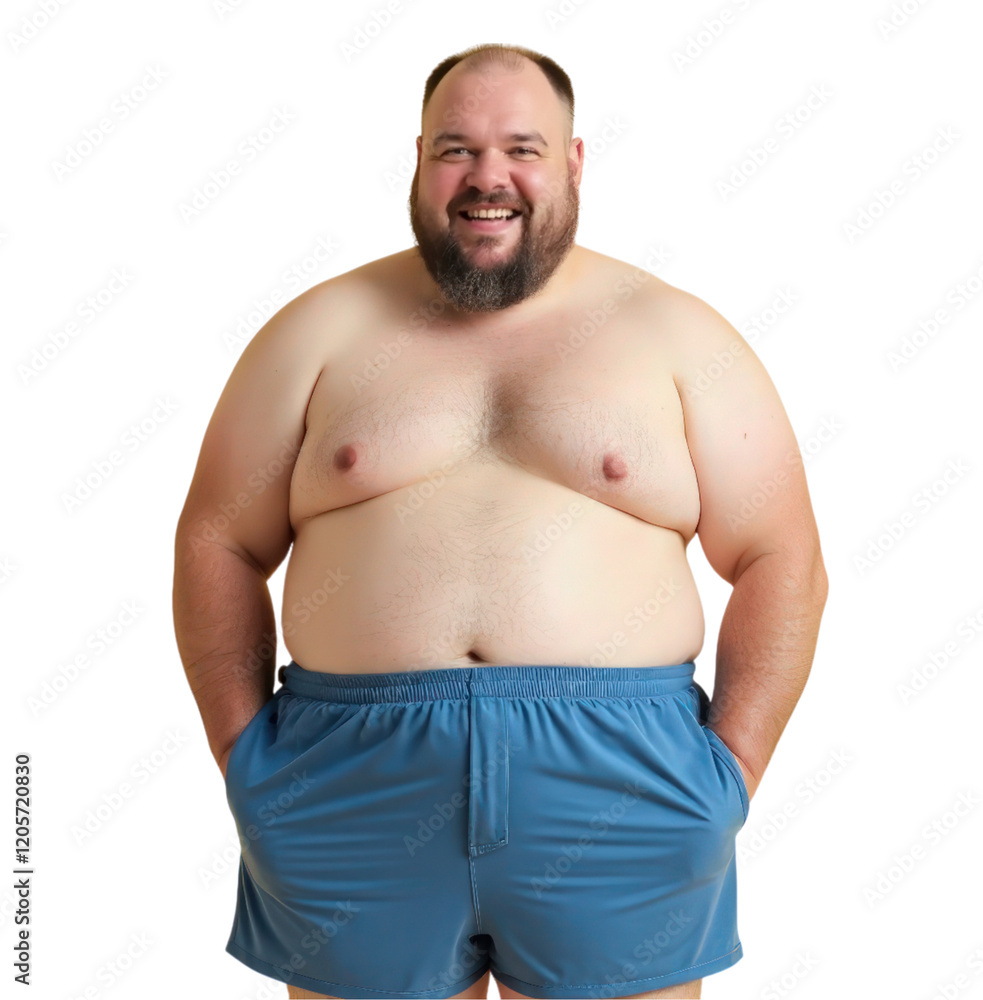 Fat man with a beard wearing blue shorts is smiling on transparent background
