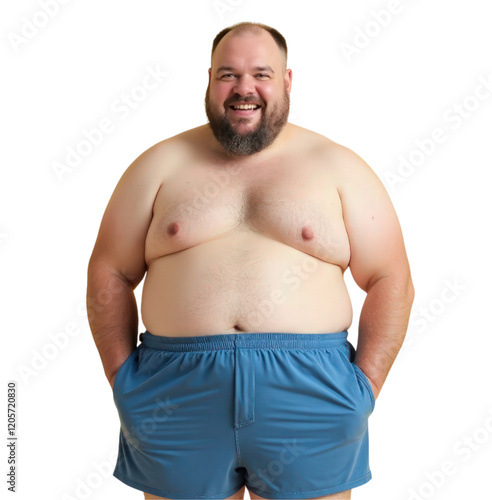 Obraz na płótnie Fat man with a beard wearing blue shorts is smiling on transparent background w salonie