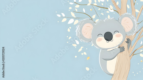 Cute and Playful Koala Cartoon Sitting on Tree with Leaves photo