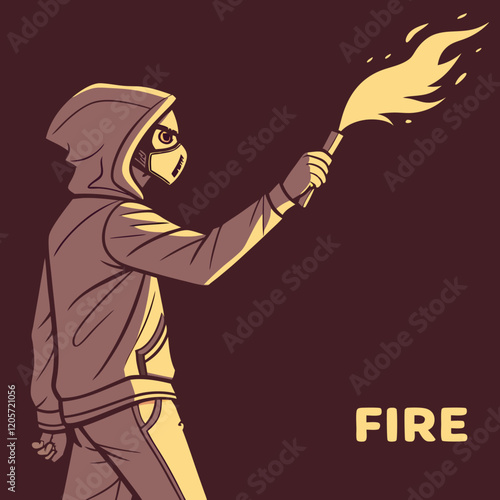 a man in a hoodie with a mask and fire burn