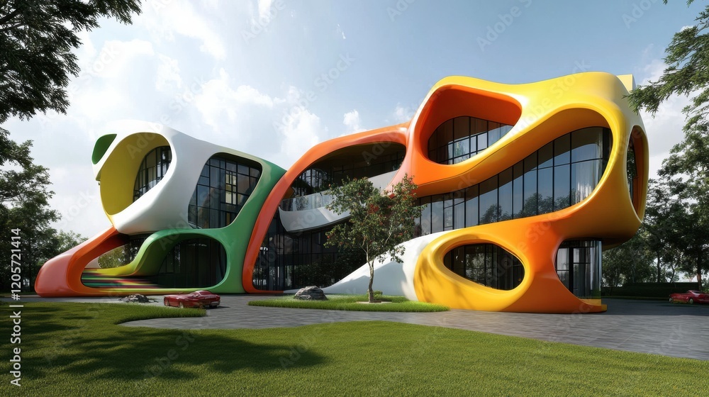 Obraz premium A bold experimental building with asymmetrical forms and vibrant colors